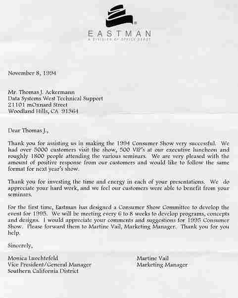 EastMan Letter Nov '94